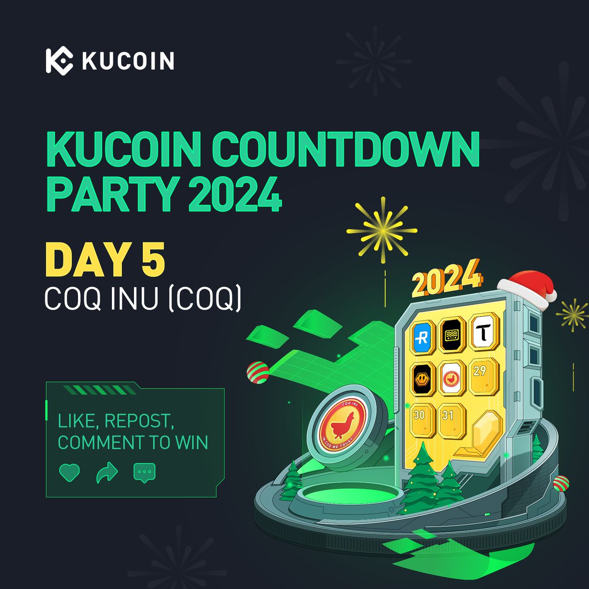 🎄 Giveaway every day till 2024 - join Day 5 of #KuCoinCountdownParty2024 with <a href="/CoqInuAvax/">Coq Inu 🐓</a>! 🥳🎉

To enter: 
1️⃣ Follow <a href="/kucoincom/">KuCoin</a> &amp; <a href="/CoqInuAvax/">Coq Inu 🐓</a>
2️⃣ Like &amp; Repost 
3️⃣ Comment your new year resolution, tag #KuCoinCountdownParty2024 + 2 friends
4️⃣ Fill in this form: