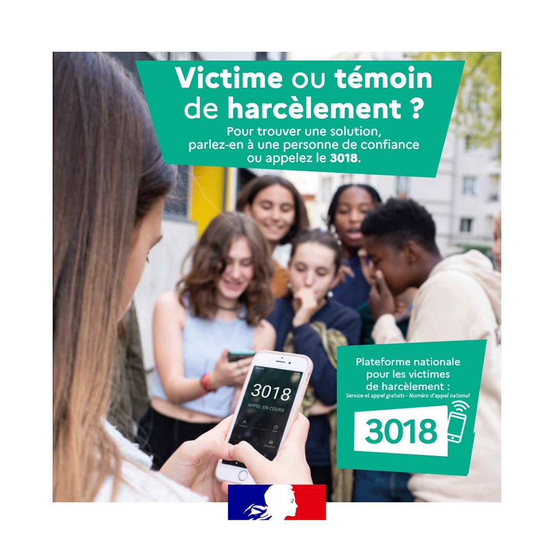 Eduscol's tweet photo. #NonAuHarcèlement ❌ Victime, témoin, pour changer les comportements et faire reculer le harcèlement, parlez en à un adulte ou appelez le 📲 3018

Numéro gratuit, anonyme et confidentiel disponible 7j/7, de 9h00 à 23h00
▶ https://t.co/9RbioiHMNG https://t.co/pTIwdmlnQN