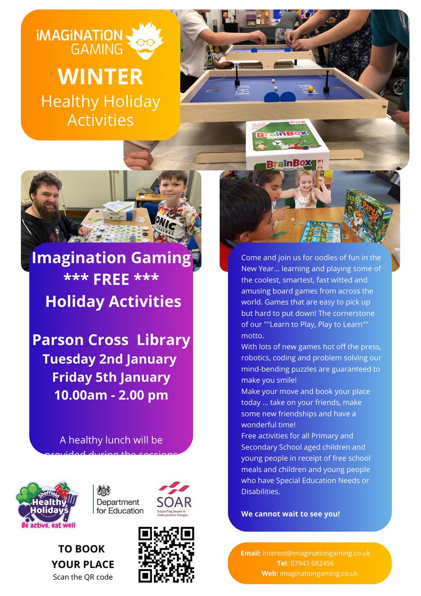 @imagigaming Activities as part of the @SheffieldHealthyHolidays Programme may be fully booked at Firth Park Library but please do not worry as we have places available at @Parsoncrosslibrary A healthy lunch is also provided Scan the QR code to book now! @SheffLibraries