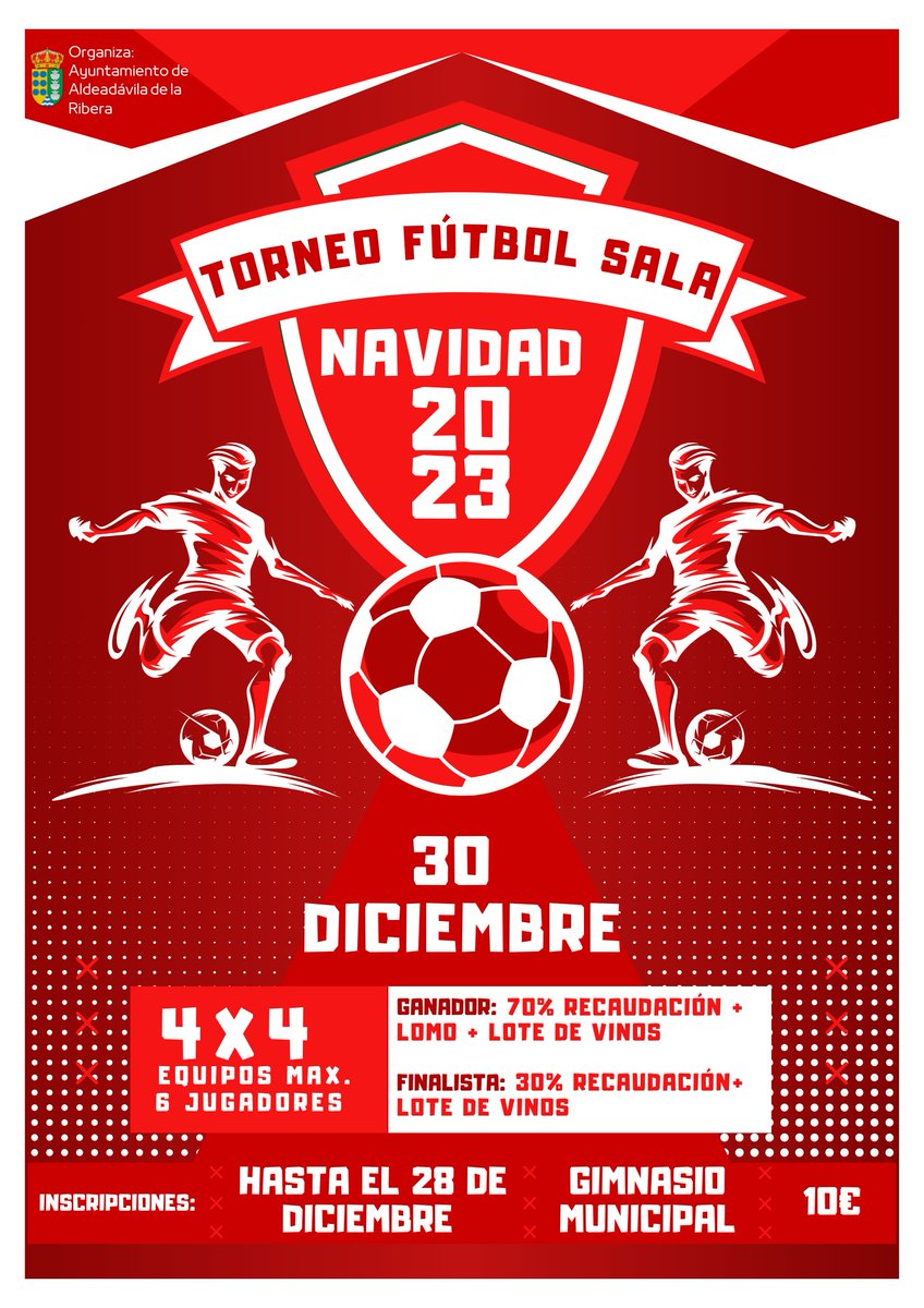 ⚠️¡Última oportunidad para participar en el torneo de fútbol sala⚽ de estas navidades!

👉🏼Si quieres participar, forma tu equipo de máximo 6 jugadores y pásate por el gimnasio municipal para hacer la inscripción (10€ por equipo)

¿Te animas?😉💪🏼

ℹ️ +info en el cartel adjunto