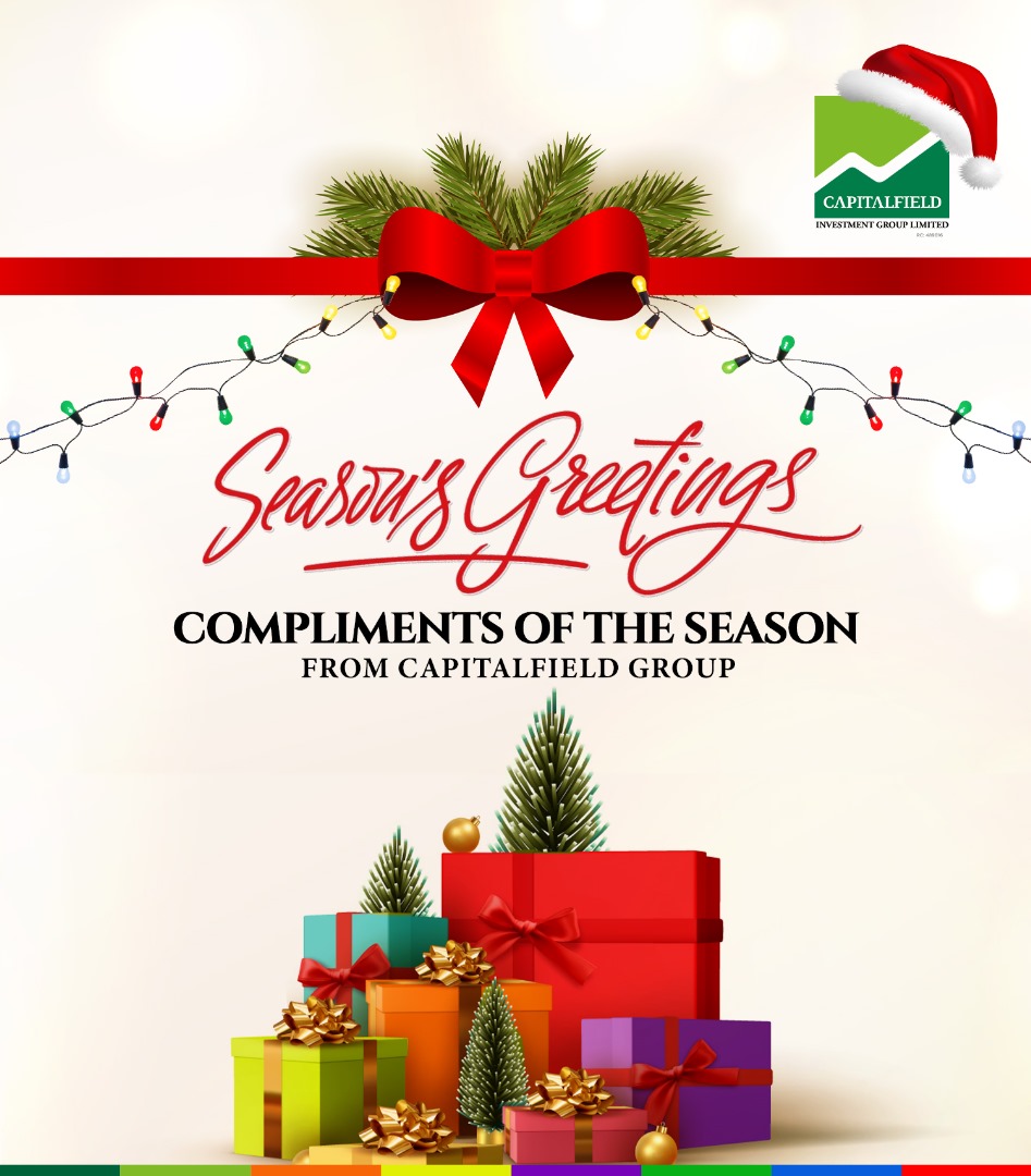 Wishing you a season filled with prosperity and joy! 🌟 Compliments of the season from Capitalfield Group. 📈✨ #SeasonsGreetings #InvestmentSuccess #CapitalFieldGroup