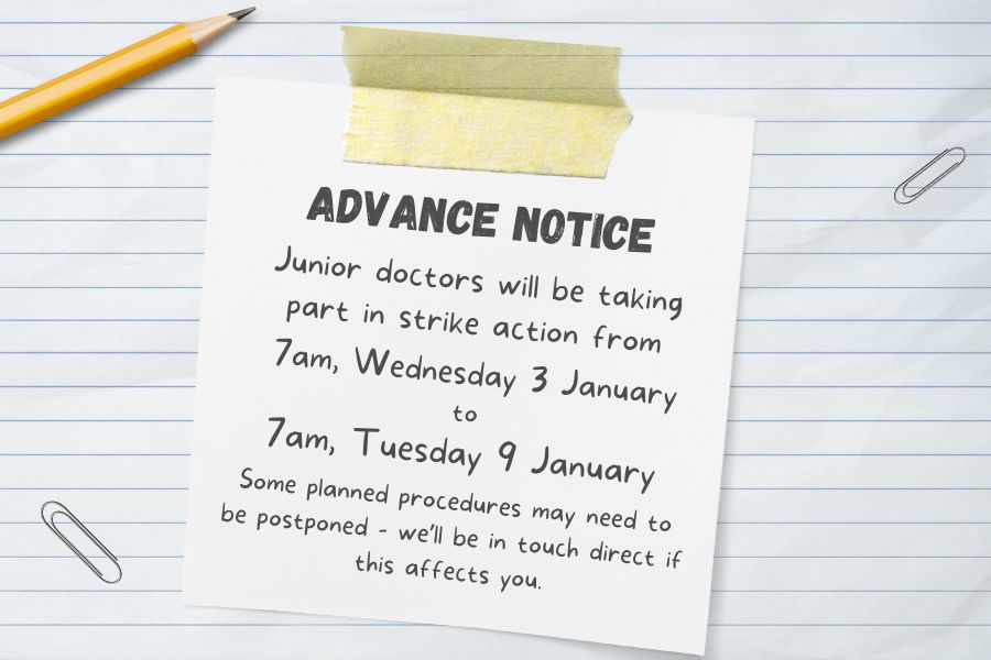 HullHospitals's tweet image. Advance Notice: Junior doctors will take part in strike action from 7am, Wednesday 3 January to 7am, Tuesday 9 January. We will aim to continue as much planned activity as possible, but some procedures may need the postponed; we’ll be in touch direct if this affects you.  #strike