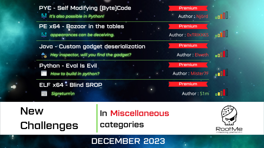 rootme_org's tweet image. Need more points on Root-Me? 
To make up for it : 5 new Miscellaneous challenges are now available on the Root-Me and Root-Me Pro environments.
root-me.org/?page=news&amp;amp;lan…

Many thanks to the authors: @Njord_____, @0xTRIKKSS, @Elweth_,  #Mister7F and #S1m 👏 !