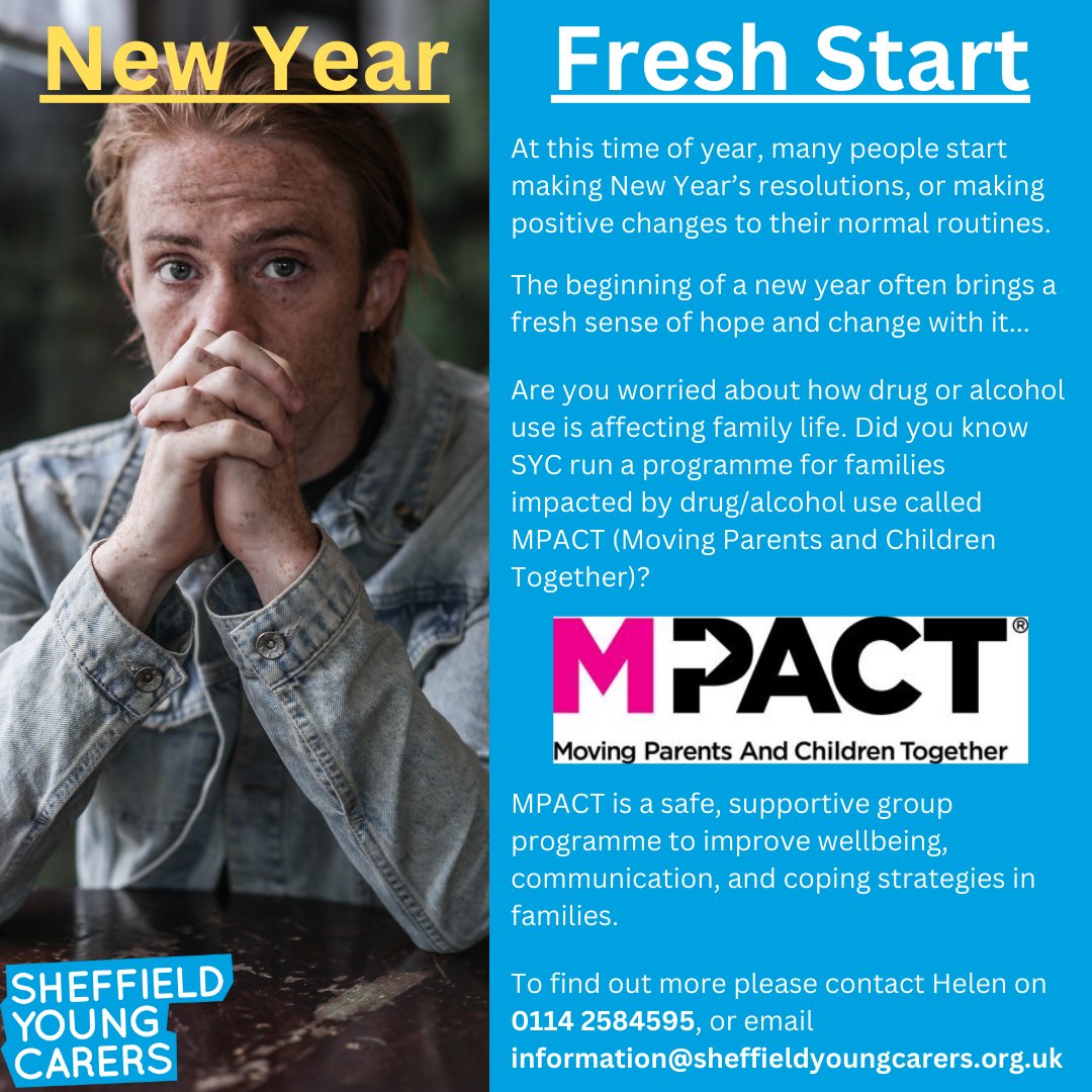Are you worried about how drug/alcohol use is affecting family life?

MPACT is a safe, supportive group programme to improve families' well-being, communication, &amp; coping strategies.

For more info contact Helen on 0114 2584595 or email information@sheffieldyoungcarers.org.uk.