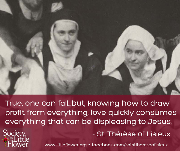 stthereseshrine's tweet photo. True, one can fall..but, knowing how to draw profit from everything, love quickly consumes everything that can be displeasing to Jesus.  -St. Therese of Lisieux https://t.co/qUQd0qfqhI