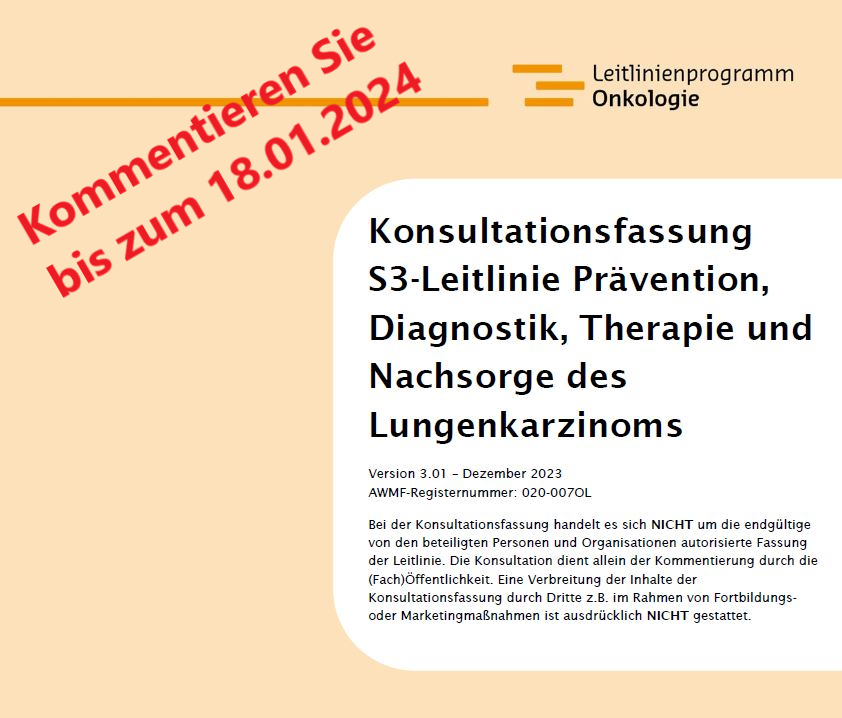 Feedback erwünscht: Die Konsultationsfassung zur neuen Version der S3-#Leitlinie #Lungenkarzinom ist online. Das Leitlinienprogramm #Onkologie freut sich auf Ihre Kommentare & Hinweise bis zum 18.01.2024: 👉 leitlinienprogramm-onkologie.de/leitlinien/lun… #Lungenkrebs @Krebshilfe_Bonn @AWMF_eV