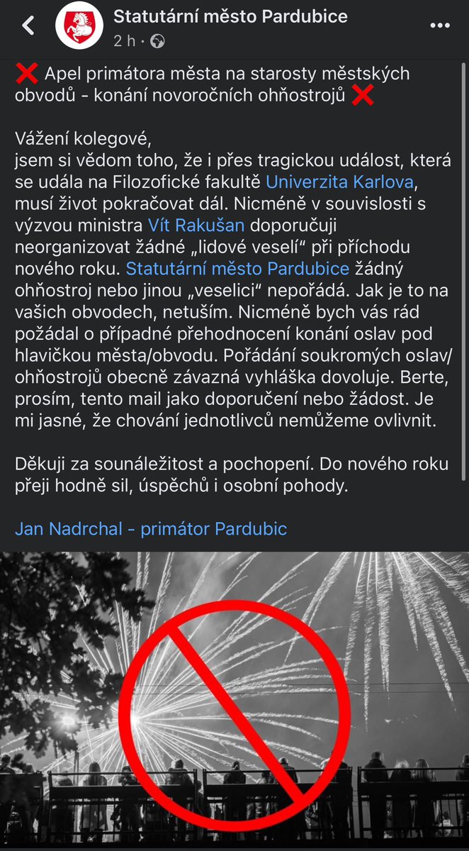 DrajaOfficial's tweet photo. Primátor Jan Nadrchal /ANO/ @MestoPardubice vyzval na doporučení @Vit_Rakusan obvody ke zrušení ohňostrojů a doporučil neorganizovat ,,lidové veselí’’. Já osobně dávám 👍! A děkuji za tuto iniciativu. #pardubice #ohnostroj https://t.co/8AkAcQYgRZ