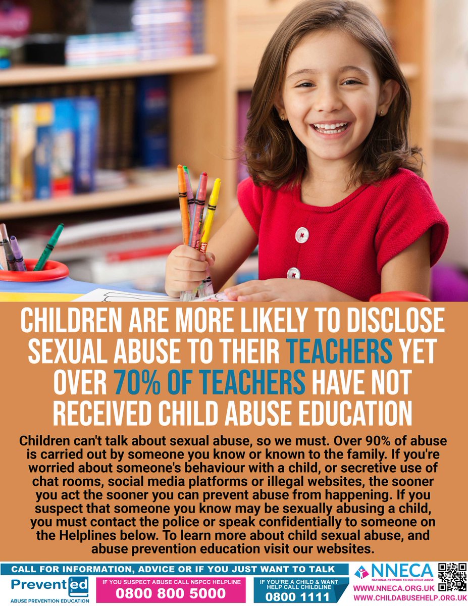 CHILDREN ARE MORE LIKELY TO DISCLOSE SEXUAL ABUSE TO THEIR TEACHERS, YET OVER 70% OF TEACHERS HAVE NOT RECEIVED CHILD ABUSE EDUCATION
Children don’t talk about sexual abuse, so we have to, CALL FOR HELP #ChildAbuseHelp #OnlineSafety #PreventED nneca.org.uk