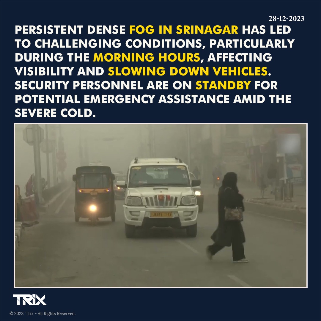 Trixindia_in's tweet image. &quot;Persistent Dense Fog in Srinagar Creates Challenging Conditions and Low Visibility&quot;.

#SrinagarFog #WeatherUpdate #VisibilityChallenge #ColdWeather #EmergencyAssistance #WinterChallenges #SrinagarTraffic #SecurityPersonnel #WeatherAlert #SevereCold #trixindia