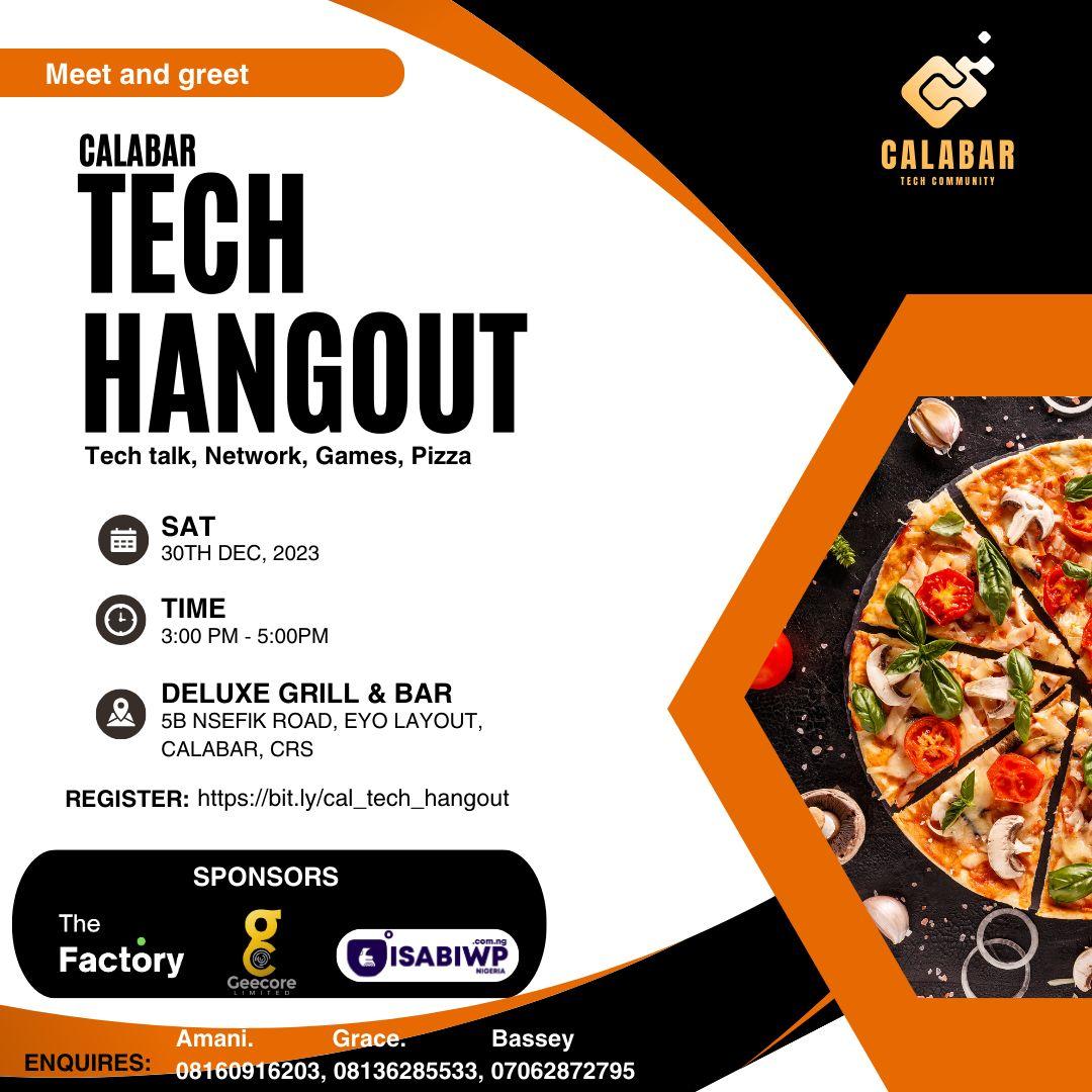 tech_calabar's tweet photo. Join us for the Calabar Tech Hangout!   

🗓 Date: 30th of December 2023  

🕕 Time: 3-5pm   

📍 Venue: Deluxe bar,  Atekong junction Marian    

Registration Link: https://t.co/oe8F3oBcwb  

We look forward to having you there 😊😊.
#calabarcarnival2024
#calabartech
#calabar https://t.co/CbeALaakrB