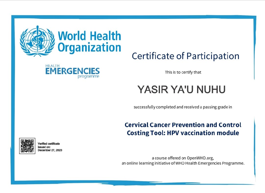 “Cervical Cancer Prevention and Control Costing Tool: HPV Vaccination Module (C4P-HPV” certificate grabbed.

Course studied; knowledge learned & certificate grabbed.

Thank you @WHO #OpenWHO @IshakLawal1