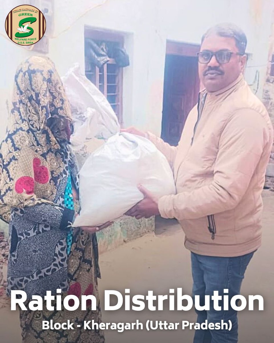 GreenSwelfares's tweet photo. Shah Satnam Ji Green 'S' Welfare Force Wing volunteers are on a mission to simplify lives. This month, they've ensured that needy families have the essentials they need by distributing monthly ration kits, because a simpler life is a happier life. #RationDistribution #FoodBank #DeraSachaSauda