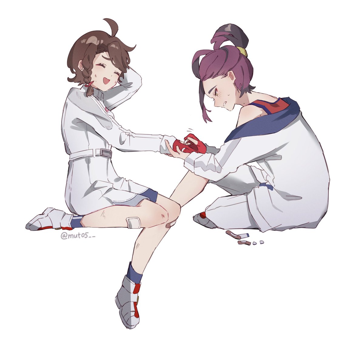 juliana (pokemon) ,kieran (pokemon) closed eyes brown hair sitting open mouth socks white footwear bandaid on leg  illustration images