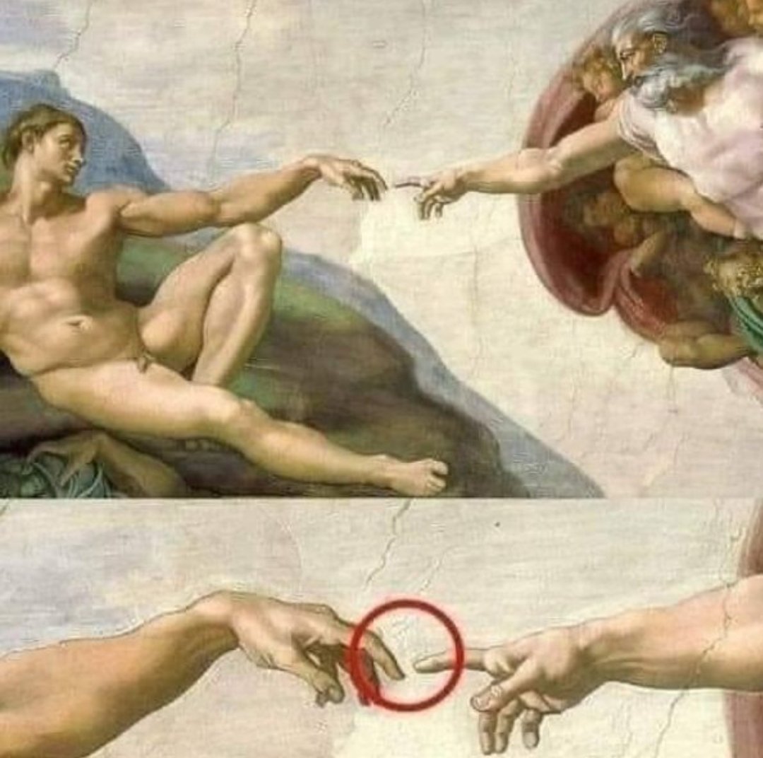 Sai perché le dita di Dio e di Adamo non si toccano nell'opera d'arte di Michelangelo sul tetto della Cappella Sistina del Palazzo Apostolico a Città del Vaticano?
Nell'opera, il dito di Dio è esteso al massimo, ma il dito di Adamo è con le ultime falangi contratte. Il senso