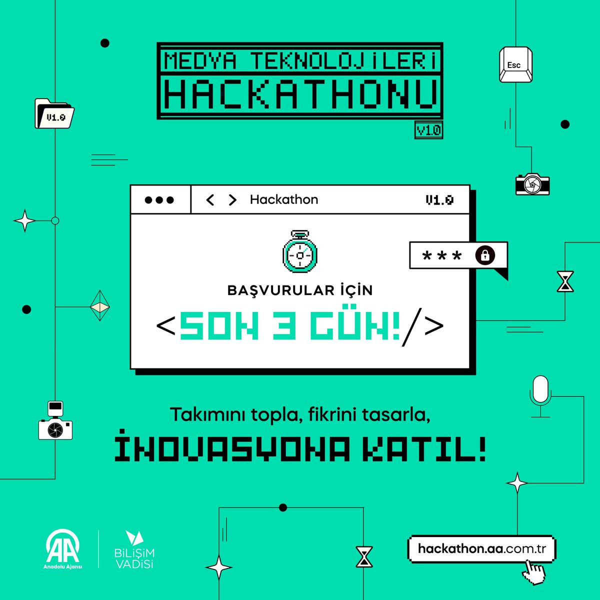 Geri sayım başladı!   
Medya Teknolojileri Hackathonu başvuruları için son 3 gün! ⏳ 
İnovasyonla medya teknolojilerini geliştirmenin şimdi tam zamanı!
📷hackathon.aa.com.tr