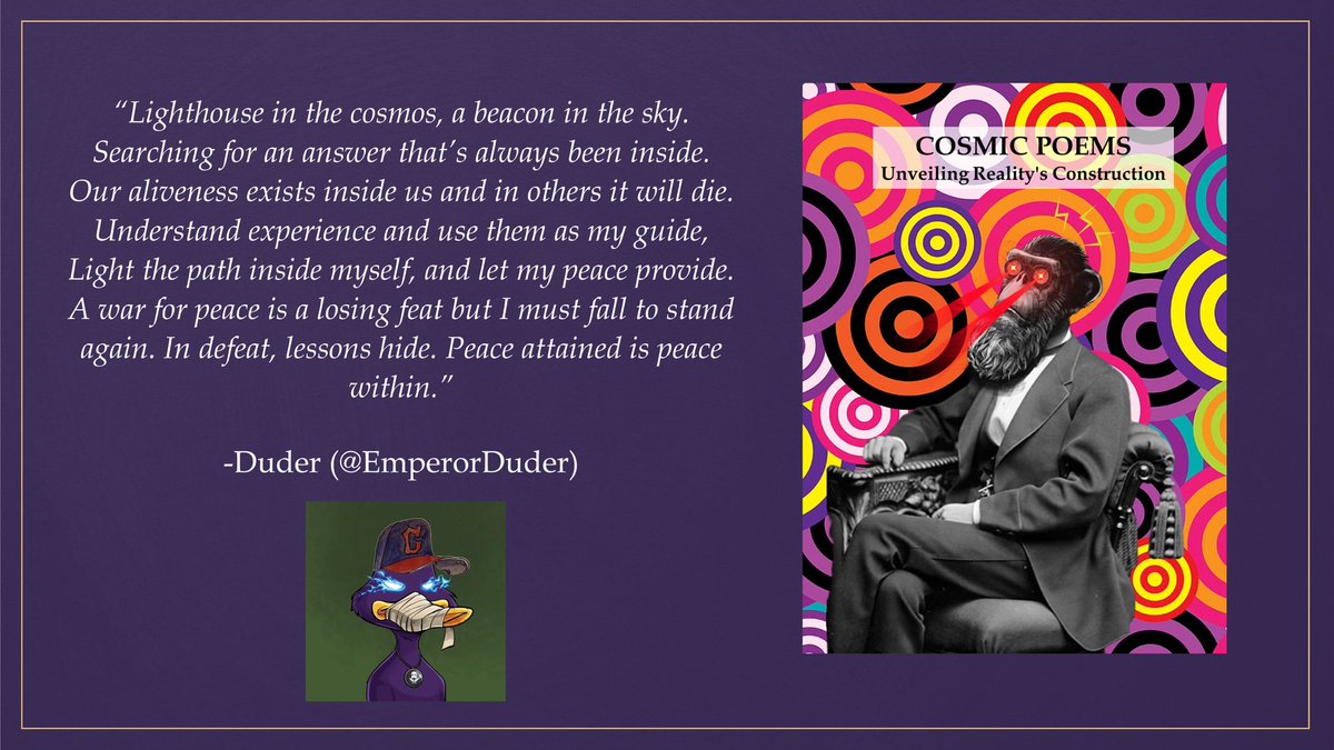 sfumato44's tweet photo. Time to showcase the wonderful people that have been part of the ‘Cosmic poems’ journey 🤩

Here’s a comment by the great @EmperorDuder 😵‍💫🚀

Mark the date! #CosmicPoems mint will take place on the 3rd of January with @book_io✨

@the_ape_society #NFTs #CNFTs https://t.co/FYSkerGqkB