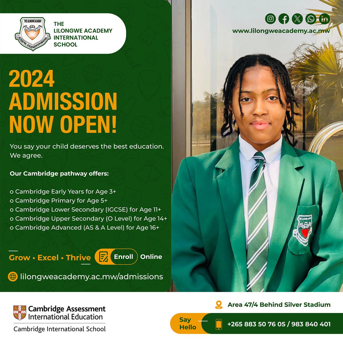 2024 Admission Now Open! 🏫

🎒 Cambridge Early Years for Age 3+
🎒 Cambridge Primary for Age 5+
🎒 Cambridge Lower Secondary (IGCSE) for Age 11+
🎒 Cambridge Upper Secondary (O Level) for Age 14+
🎒 Cambridge Advanced (AS & A Level) for Age 16+

#EnrolToday #Cambidge