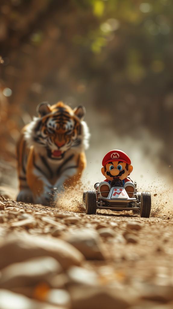 Polara_AI's tweet photo. Mario Kart racer getting chased by a tiger, telephoto, depth of field --ar 9:16 --v6 

#midjouney #v6 #AIart #actionphoto #mario #nature #race #kart #car #genai https://t.co/fikfidOxMz