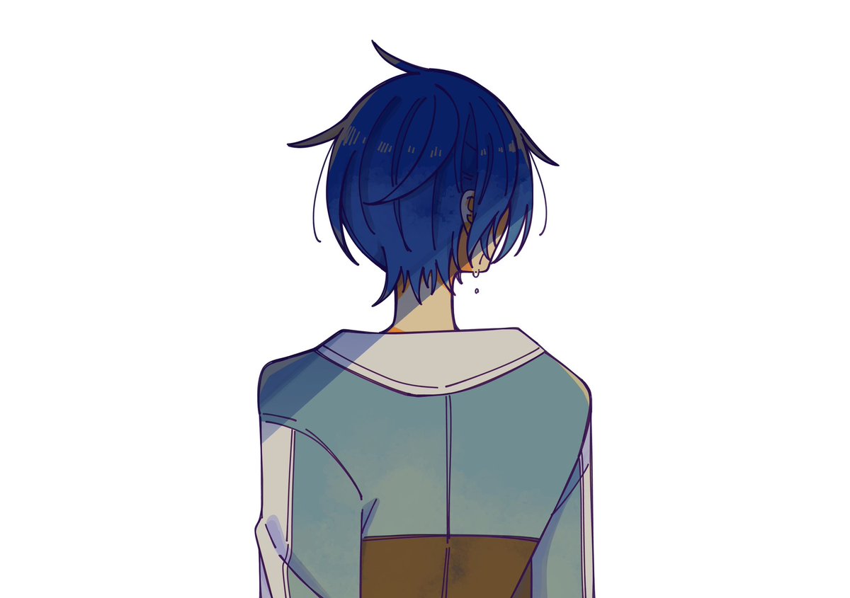 kaito (vocaloid) 1boy solo male focus blue hair from behind white background upper body  illustration images
