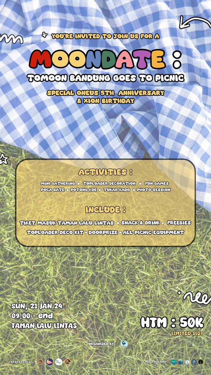 TomoonBandung's tweet photo. HELLO TOMOON! 
You're invited to join us for

𝗠𝗢𝗢𝗡𝗗𝗔𝗧𝗘:
TOMOON BANDUNG GOES TO PICNIC

Special ONEUS 5th Anniversary &amp; Xion Birthday

📍Taman Lalu Lintas
⏰ 09:00 AM - End
🗓 Sunday, 21 Jan 2024
🔗 https://t.co/hzpzCmdOOv

𝗛𝗧𝗠: 50K https://t.co/IK5FFB4HAc