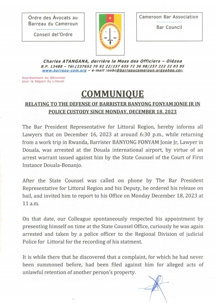 KathleenNdongmo's tweet photo. Thanks for raising this.

I read the communiqué  from the @CameroonBar yesterday and I am absolutely gutted.

Over a week since he was arrested, no charge, no bail. How?! Why?!

I am keen to hear what the court will reveal today &amp; eager to join action to secure his release. https://t.co/v9M27edua2