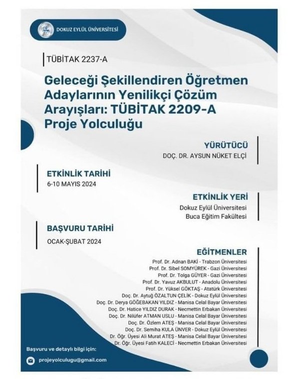Çok kıymetli Hocalarımızın katkılarıyla, Doç. Dr.  Aysun Nüket ELÇİ tarafından yürütülen benim de eğitmen olarak yer aldığım  2237-A projemiz Tubitak tarafından desteklenmeye layık görüldü <a href="/aysunnuketelci/">aysunnuketelci</a>
<a href="/tolgaguyer/">Tolga Güyer</a> <a href="/yukselgoktas/">Yuksel Goktas</a> <a href="/yvzkblt/">Yavuz Akbulut</a> <a href="/sibelsomyurek/">Sibel Somyürek</a> <a href="/HaticeYILDIZ12/">Hatice YILDIZ DURAK</a>