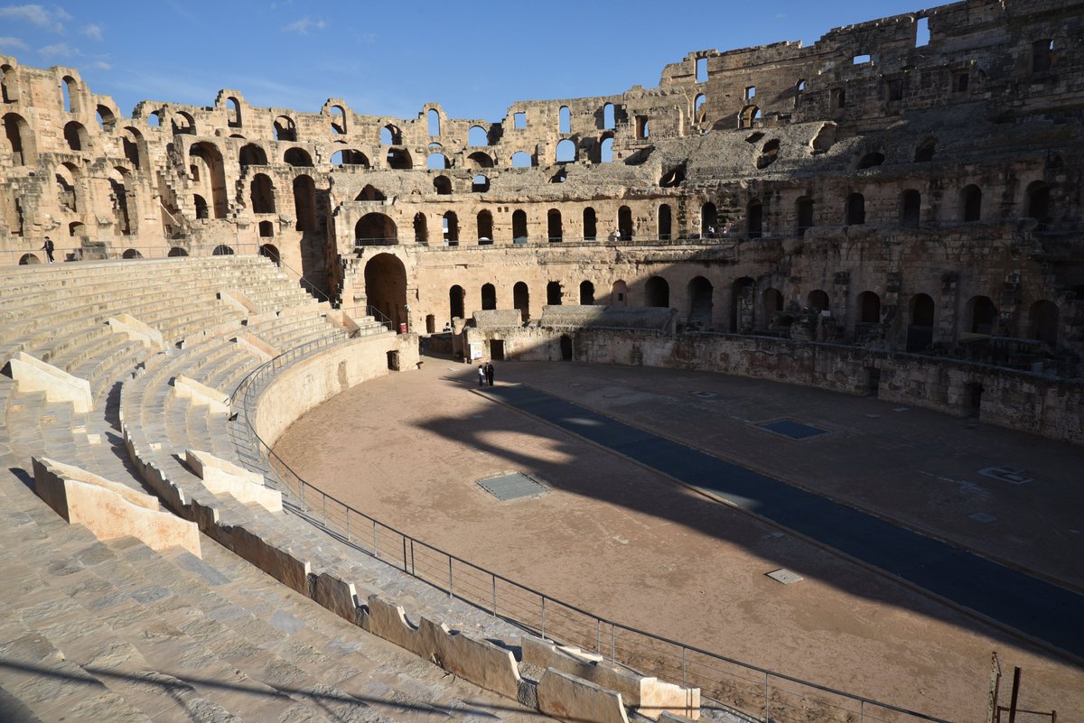 carolemadge's tweet photo. Revisiting the impressive Amphitheatre of El Jem, the largest amphitheatre in North Africa. It could hold up to 35,000 spectators. It is dated to the 3rd century AD and illustrates the grandeur and extent of Imperial Rome. #Tunisia https://t.co/MoicygsOD8