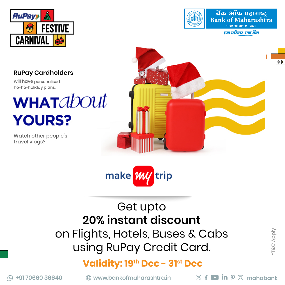 mahabank's tweet image. Pack your bags and unlock the ultimate travel savings! Book with your #RuPayCreditCard on MakeMyTrip and enjoy up to 20% instant discounts on flights, hotels, buses and cabs. Your journey just got more rewarding!

For more offers, click bit.ly/3FIigYF

#RuPayOffers