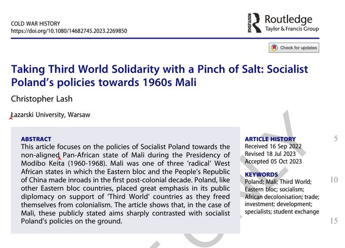 Publication time! My article about Socialist Poland's engagement with the radical pan-Africanist state of Mali in the 1960s for @coldwarhistoryj is now online🧵  tandfonline.com/doi/full/10.10…