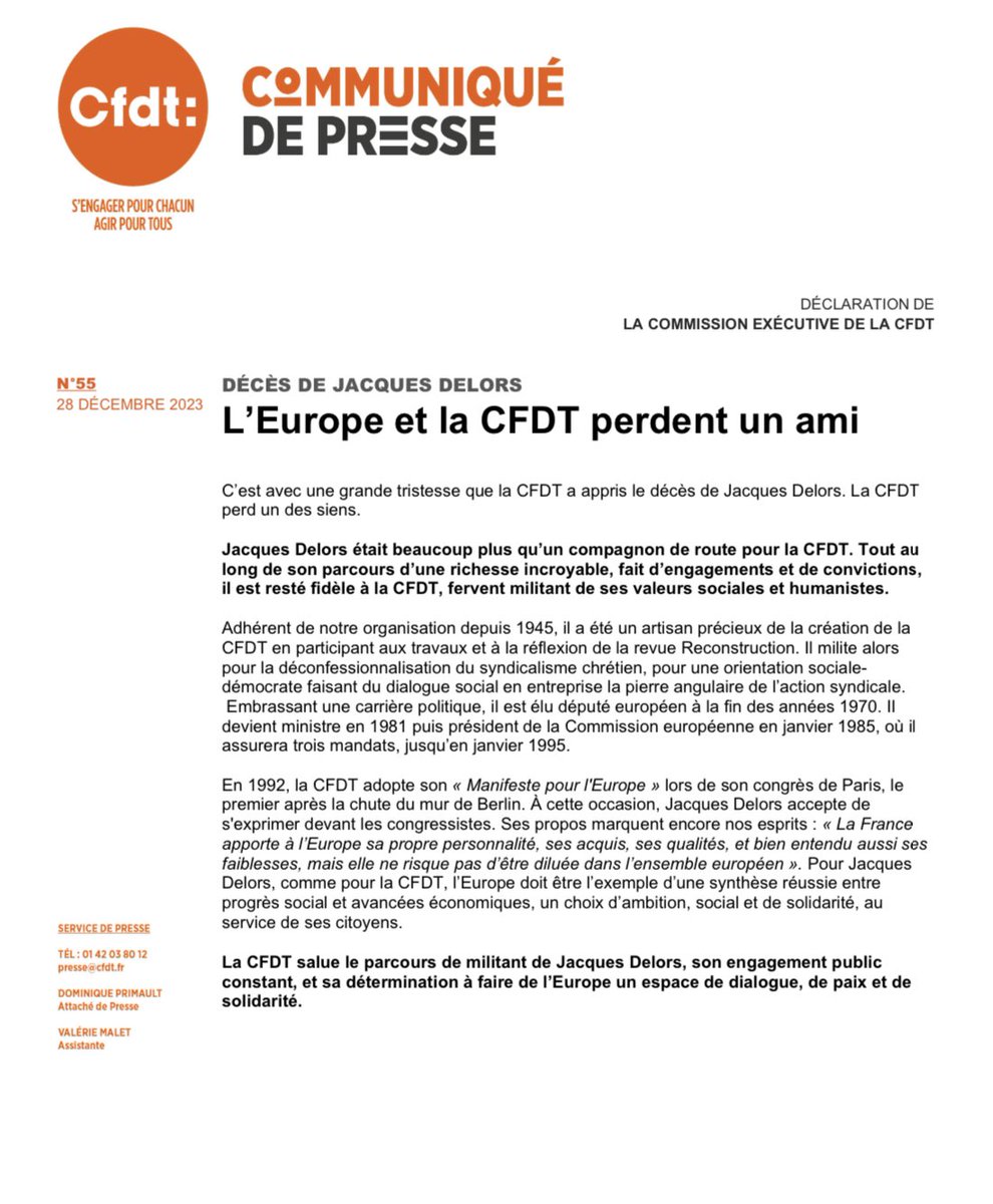 CFDT's tweet photo. || COMMUNIQUÉ DE PRESSE || Décès de Jacques Delors - L’#Europe 🇪🇺 et la CFDT perdent un ami. La CFDT perd un des siens. Jacques Delors était beaucoup plus qu’un compagnon de route pour la CFDT. https://t.co/vk8rGsvAlv #JacquesDelors https://t.co/y3l0r1AEJ7