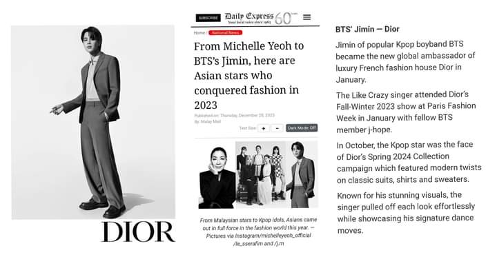 pjmwarriorsph's tweet photo. Jimin, a Kpop star, has been recognized by Malaysia's Daily Express as one of the Asian stars who made a mark in the fashion industry in 2023!
He has become the face of #DiorSpring2024, where he showcased modern variations of timeless suits, shirts, and sweaters.
#JIMIN
Ctto https://t.co/WFlFD6czmr