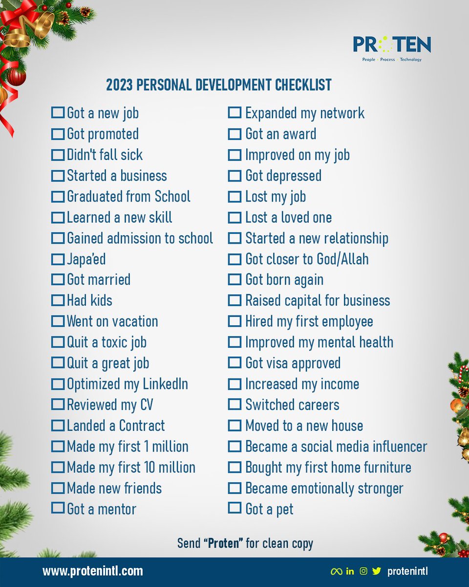 Protenintl's tweet image. 2024 is almost here. It&apos;s time to make a #checklist to reflect, recognize and understand the accomplishment you made in 2023.

Download a copy, tick off your achievements, share on your platforms and you’d see how grateful you’d feel for an amazing year.

#Proten #2023Checklist