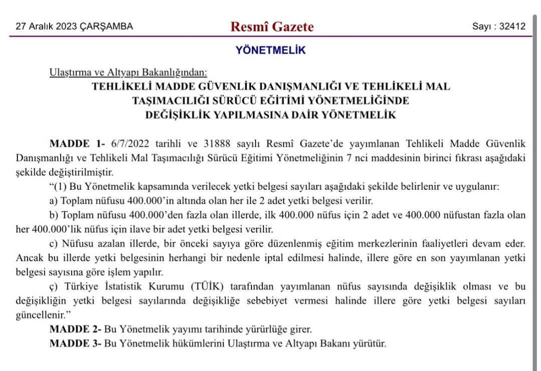 tmgdadrturkey's tweet photo. Tehlikeli madde güvenlik danışmanlığı ve tehlikeli mal taşımacılığı sürücü e��itimi yönetmeliğinde değişiklik yapılmasına dair yönetmelik #tmgd #adr #tmgdadr #sondakika #haber #gündem #yonetmelik https://t.co/wnjd1r6a53