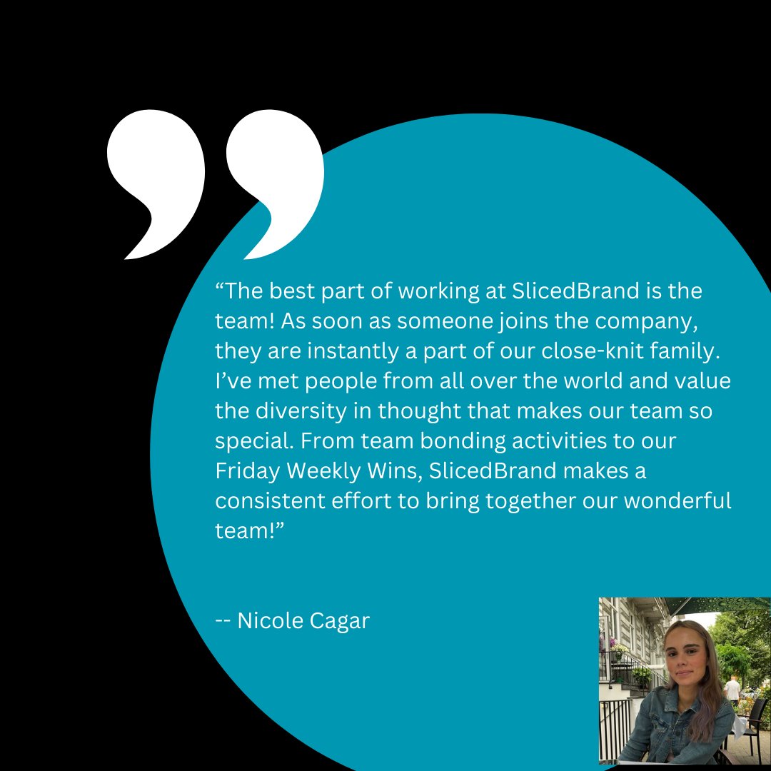 slicedbrand's tweet photo. No job is fun without the support of your coworkers. Our Admin and Finance Associate, @nicolesb720, shares why she loves our team so much! #publicrelations #pr #SlicedBrand #techpragency #techpr #pragency #prjobs #techPRfirm #agencylife #jobforyou #workinginPR https://t.co/S40FQlQw5e