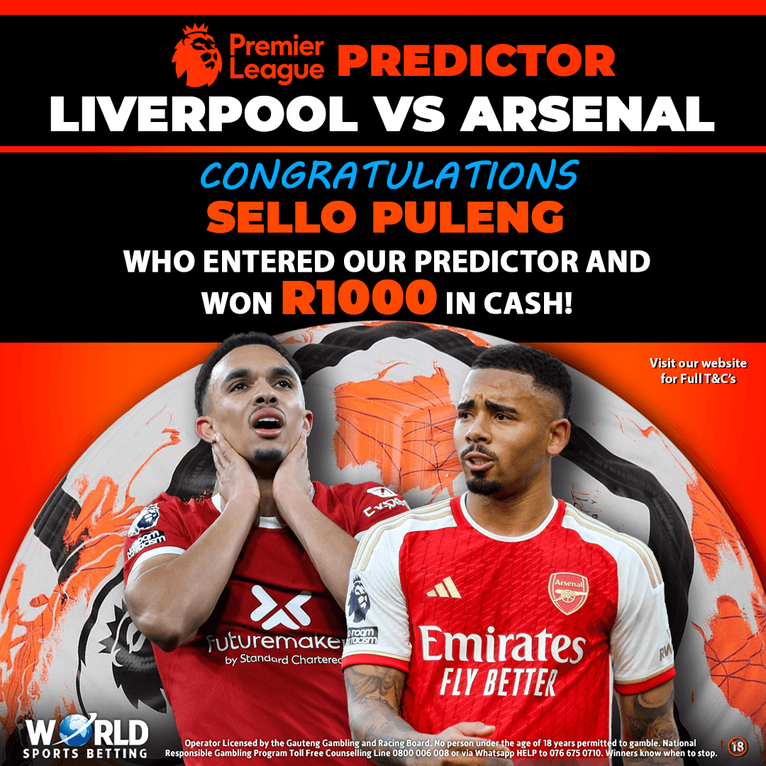 WorldSportsBet's tweet photo. #Predictor! πβ½π
And the winner is...
CONGRATS to Sello Puleng who correctly predicted the correct score in the #LIVERPOOL vs #ARSENAL Game and won R1000 in CASH!
Thank you to everyone who entered. Next Predictor coming soon!
#WinningWithWSB #BetWithTheBest #PeoplesBookie https://t.co/RmpVjvAPIk