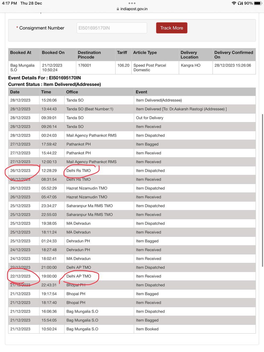 pratap_ujjwal's tweet photo. Is this a routine procedure of wasting time by aimlessly sending the courier at non delivery location or someone did this mistake. Disappointed with the service. Kindly look into this matter &amp; make a robust mechanism for quick service @IndiaPostOffice @AshwiniVaishnaw @aajtak https://t.co/p8M9Ftf8MI