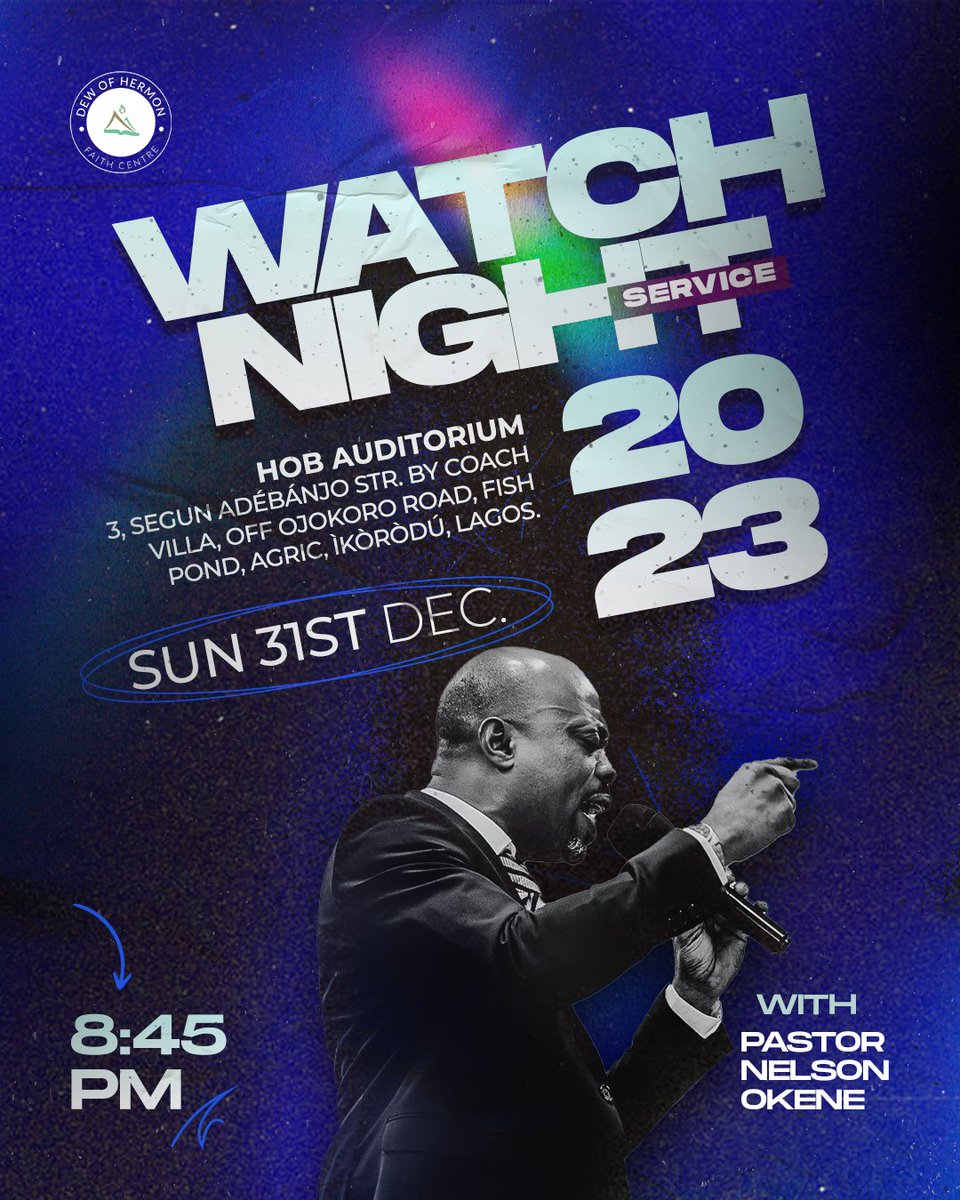 DewofhermonFC's tweet photo. It's that service of year again where we receive instructions and set the course for the year. What better way to start a new year?

Join us at the House of Blessing Auditorium on Sunday, the 31st of December. Time is 8:45 pm. https://t.co/SM6raZogUL