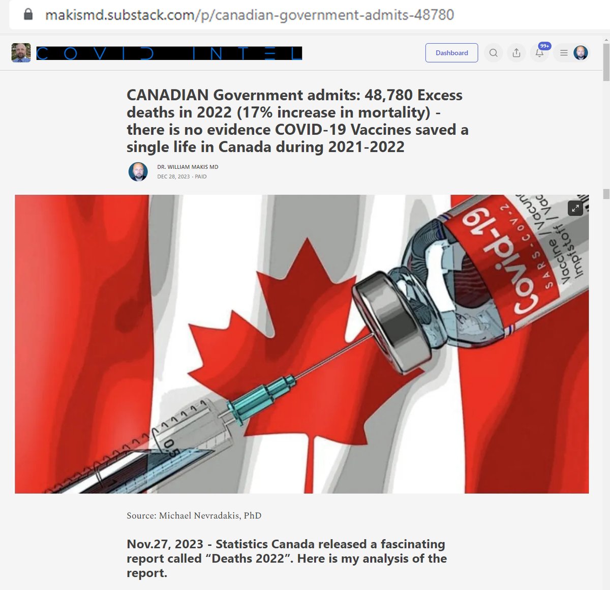 MakisMedicine's tweet photo. NEW ARTICLE: CANADIAN Government admits: 48,780 Excess deaths in 2022 (17% increase in mortality) - no evidence COVID-19 Vaccines saved a single life during 2021-2022!

Statistics Canada released "Deaths 2022" Report Nov.27, 2023

48,780 Excess Deaths. 1 in 784 Canadians DIED unexpectedly, in excess.

First, this is data thoroughly manipulated by the Trudeau government, before it was released. That is to be expected.

Statistics Canada also tells us they didn't include all "younger Canadians" who "died suddenly" and whose deaths are still under investigation.

That being said, this is Statistics Canada data from the Canadian Government. These are government numbers. No controversy here about the source.

48,780 Excess deaths in Canada in 2022 is equivalent to 423,270 American deaths in the US in a single year.

17% increase in mortality in 2022
1 in 784 Canadians died in 2022 (excess deaths)

This data is FULLY in line with what @DowdEdward @Denisrancourt @EthicalSkeptic @PierreKory have been reporting on excess mortality, in Canada, US and other highly COVID-19 Vaccinated countries.

Causes???
19,716 COVID-19 deaths (impossible)
16,043 Deaths from Unspecified Causes (really!)
18,365 deaths from accidents (those clumsy Canadians - falling and dying all over the place - an increase of 3000 since 2019!)

I explain in detail why it is impossible that 19,716 Canadians died from COVID-19 in 2022.

Remember, Canadian provincial governments stopped reporting all "vaccine status in hospitals" data in July 2022 when it showed 90% of those dying from COVID-19 were VACCINATED.

This Statistics Canada data is proof that COVID-19 Vaccines did not save a single life (COVID-19 deaths continued to increase in 2021 and 2022)

also proves that COVID-19 Vaccines did not protect the vaccinated from severe illness and hospitalization (hospitalizations of the vaccinated skyrocketed in 2022)

Remember: Canada's NACI (National Advisory Committee on Immunization) recommended 7 COVID-19 Vaccines for every Canadian:
- 2 doses in early 2021
- 1st booster in late 2021
- 2nd booster in April 2022
- 3rd (Omicron bivalent booster) Oct.2022
- 4th (Omicron bivalent booster) Mar.2023
- 5th (XBB.1.5 monovalent booster) Sep.2023

and still 19,716 (presumably 7x-vaccinated if they listened to Dr.Theresa Tam @CPHO_Canada) Canadians died from COVID-19 in 2022!

The reason? Lack of lockdowns and the 7x-vaccinated Canadians stopped masking. 
I'm not making this up, it's in the report.

Life expectancy down 3 years in a row...

Women taking much bigger hit on life expectancy

Statistics Canada is hiding Turbo Cancers, blood clots and majority of excess cardiac deaths

I propose the vast majority of these 48,780 excess deaths in 2022 are COVID-19 Vaccine deaths.

Statistics Canada has NO PLAUSIBLE EXPLANATION for the vast majority of these deaths.

Don't miss my article...

Article Link in photo to avoid shadowban, just re-type the URL into your browser.

@TheChiefNerd @twc_health 
@ABDanielleSmith @AHS_Media @AdrianaLagrange

#DiedSuddenly #cdnpoli #ableg