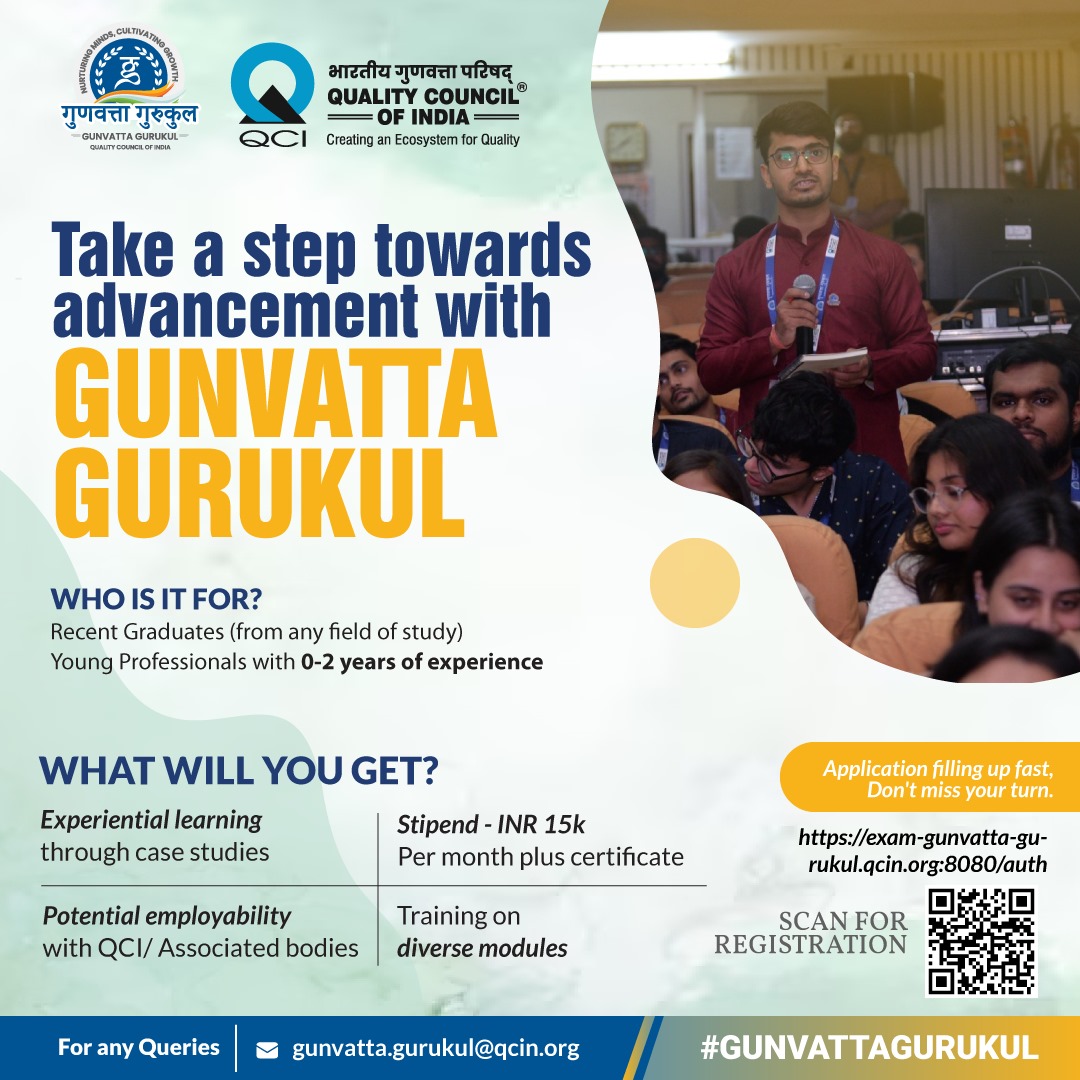 QualityCouncil's tweet photo. Come one step closer towards Viksit Bharat with Gunvatta Gurukul. Click here to apply: https://t.co/ulbyZnZKAQ
#GunvattaGurukul #Learning #Knowledge #IndustryReady #EarnWhileYouLearn #QCI #NABH #NABL #NABCB #NBQP #NABET https://t.co/Ap7gzFiP7p