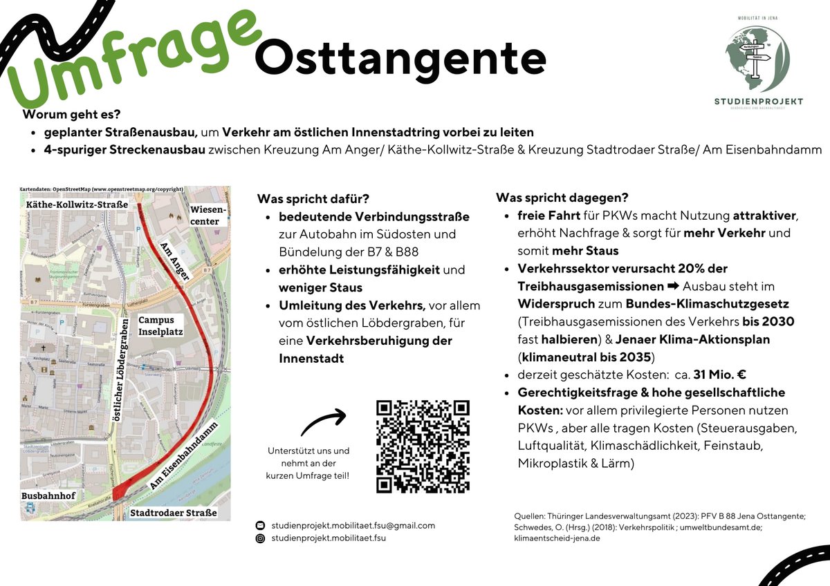 Für ein Studienprojekt an der <a href="/UniJena/">Universität Jena</a> wird eine 5-minütige #Umfrage durchgeführt, die als Grundlage für einen Mobilitätsbericht dienen soll. Nehmt doch fix teil, unabhängig von eurer Meinung zur #Osttangente: vetterj.limesurvey.net/165766?lang=de
Bild: Studienprojekt Mobilität FSU, bearbeitet