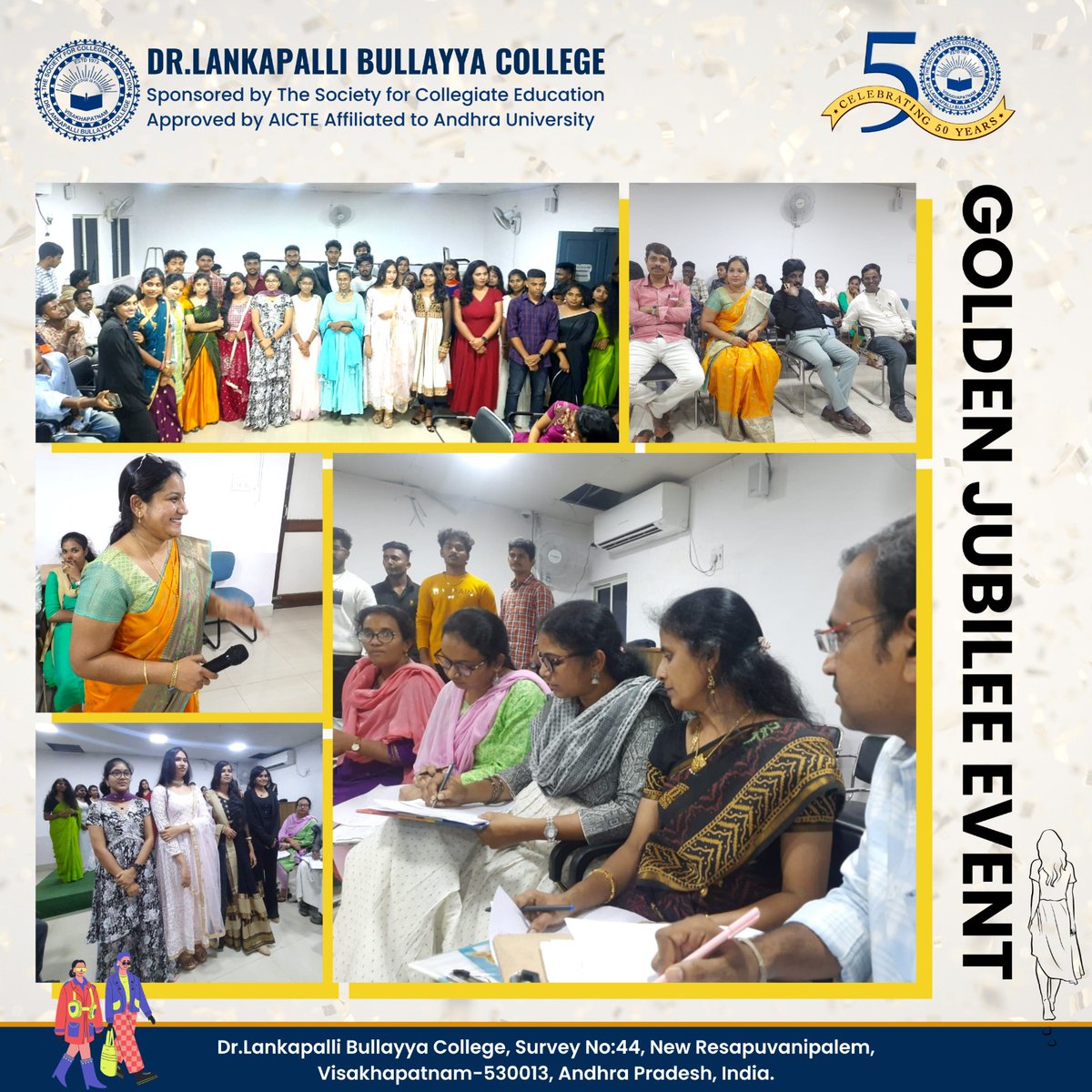 🎉✨ Celebrating 50 Glorious Years of Excellence! 🎓✨

The Golden Jubilee Event of Dr. Lankapalli Bullayya College! 🥳

Don't forget to use our official event hashtag: #DLBCGoldenJubilee 📸

#GoldenJubilee #DLBCC50Years #LegacyOfExcellence #CelebrationTime #EducationalMilestone