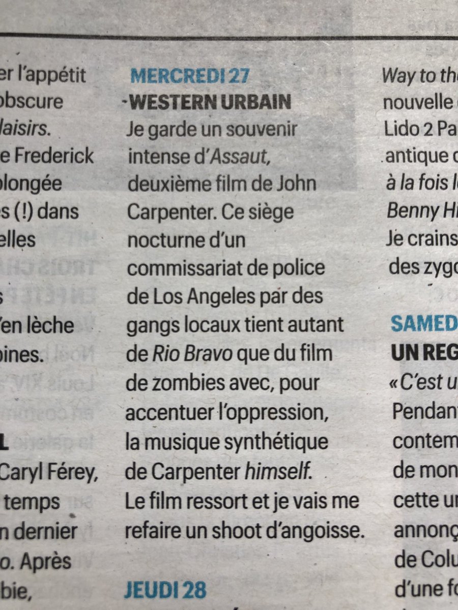 FSFdistribution's tweet image. ASSAUT de John Carpenter actuellement au cinéma ! Frédéric Péguillan en parle dans le Télérama Sortir de cette semaine !