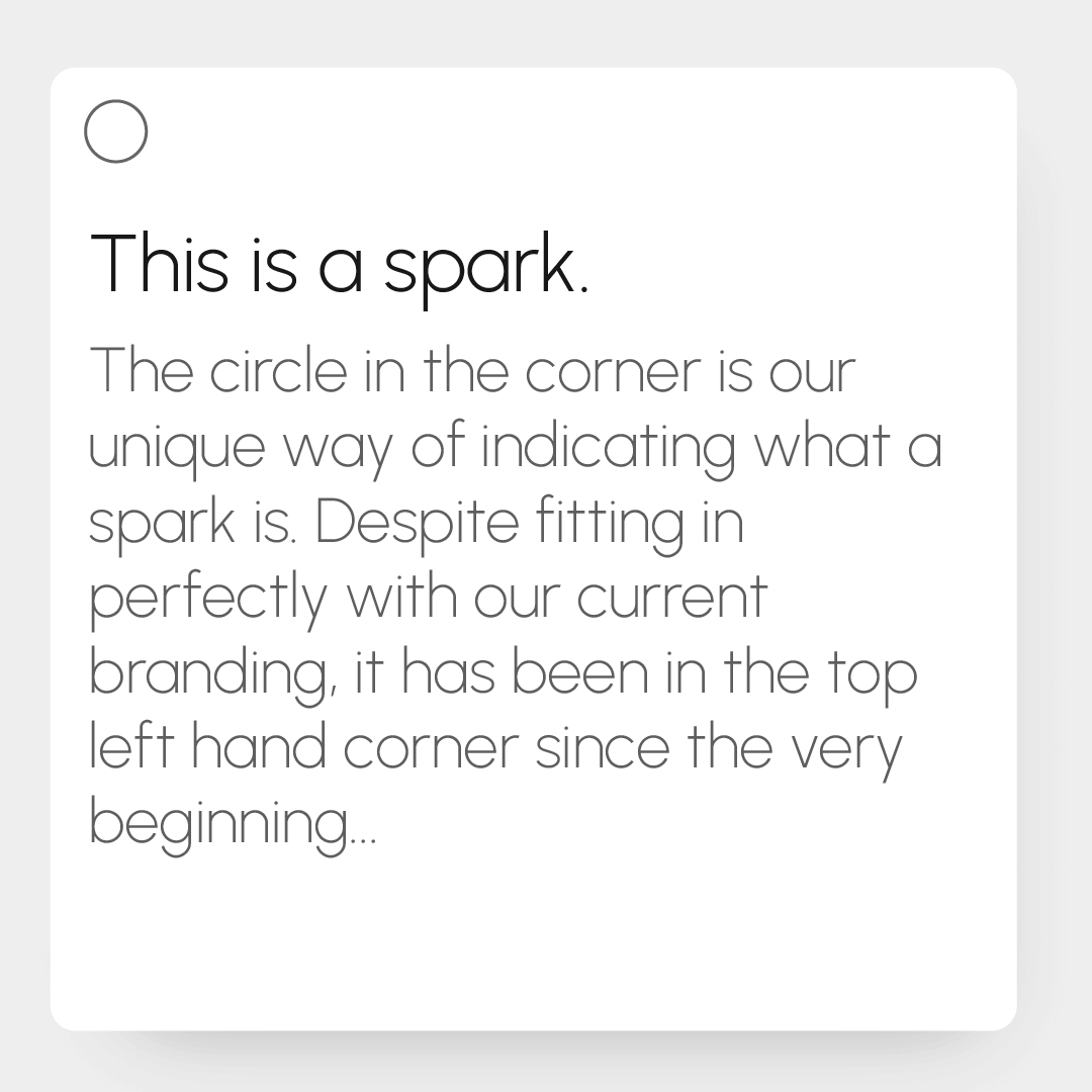 ClustaLive's tweet photo. 📖

This is the story behind the circle - the 'dot' you see on every single one of your sparks.

The thing is, it's not actually a dot.

🎇

Have you ever tried to click on it? Admit it. https://t.co/ev2jwqqBZP