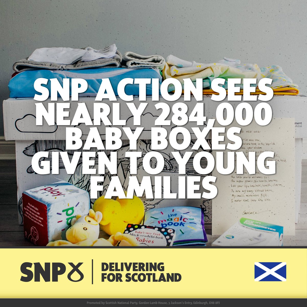 theSNPMedia's tweet photo. 📢 New figures show that 283,118 Baby Boxes have been delivered to families across Scotland.  

🏴󠁧󠁢󠁳󠁣󠁴󠁿 From expanding free funded childcare to the Scottish Child Payment, your SNP Government is committed to making Scotland the best place in the world to grow up. https://t.co/0IdPoDmx7R