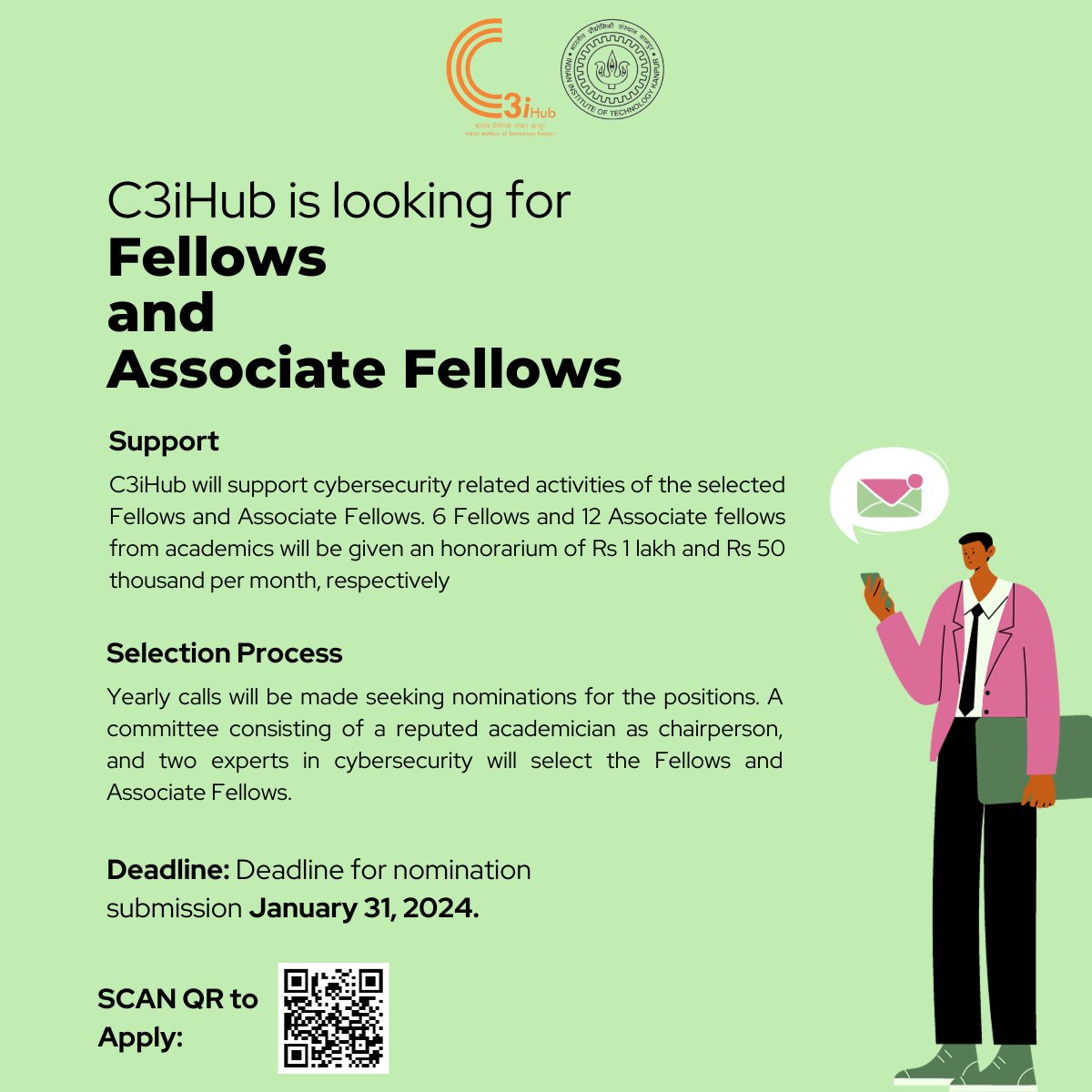 C3iHub at @IITKanpur is thrilled to announce the second call for C3iHub #Fellow and C3iHub #Associate Fellow positions. 🔗Learn more about this opportunity: bitly.ws/37EQ2 🔗To apply: forms.gle/nSLD3e4SKLES6b… Deadline: 31st January 2024. @IndiaDST @VigyanPrasar