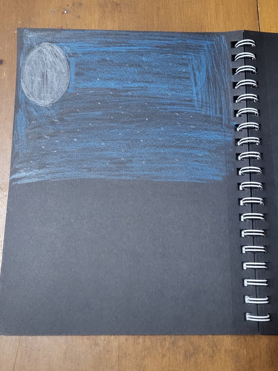 A colored pencil drawing of a blue night sky with the moon and stars in my Canson XL black sketchbook 
#Canson #cansonxl #Strathmore #coloredpencil #coloredpencilart #coloredpencildrawing #nightsky #nightskyart