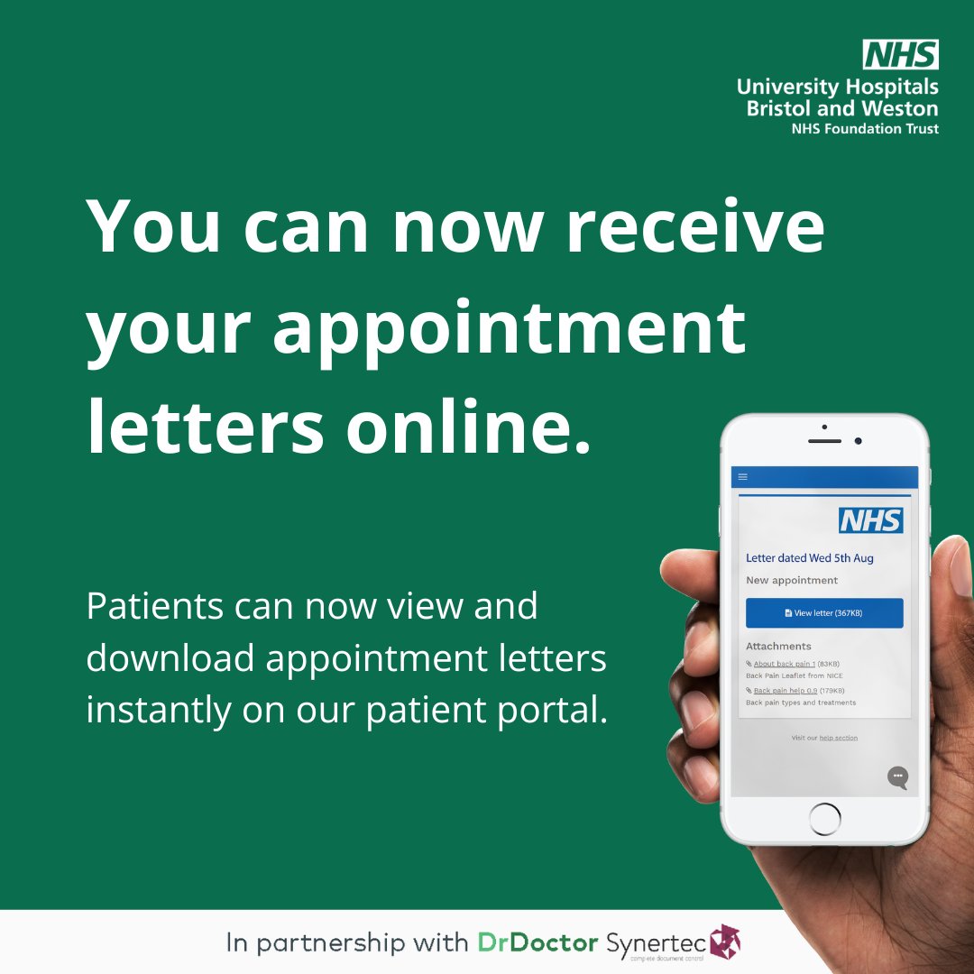 Did you know you can now view your appointment letters online? 📧

We've launched digital appointment letters for adult services at our Bristol hospital sites, with a view to extend to patients at Weston General Hospital in due course.

Find out more: uhbristol.nhs.uk/patients-and-v…