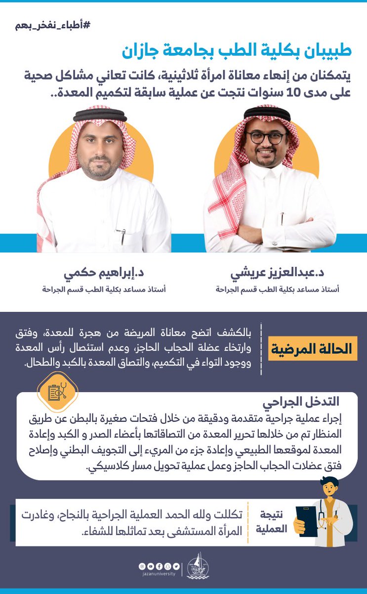 JazanUniversity's tweet photo. #إنفوجرافيك_الجامعة| جرّاحان بكلية الطب في #جامعة_جازان ينجحان في إنهاء معاناة مريضة مع مشاكل صحية نتجت عن عملية سابقة لتكميم المعدة.. https://t.co/32178PkRke