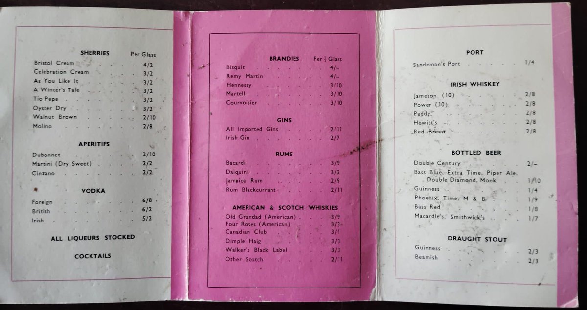 Fantastic 1960s food &amp; drinks menu from Gallagher's "The White House", 74 Malahide Rd, Marino, D3. Known as The 1884 today. Menu incl. bottled/draught beer, spirits and freshly cut sandwiches. Pub glasses and "a freshly roasted chicken" also available for house parties. 1/2 Sam