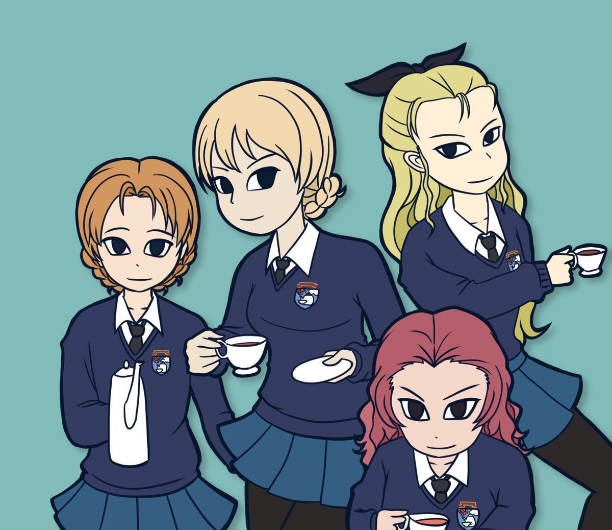 アッサム(ガルパン) ,ダージリン(ガルパン) ,オレンジペコ(ガルパン) ,ローズヒップ(ガルパン) 「#みんなの作品の振り幅見せて年代の振り幅は広い方だと思います 」|キタのイラスト